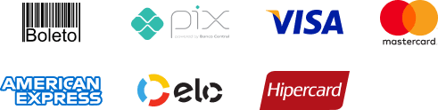 Formas de pagamento: Boleto, PIX, Visa, Mastercard, American Express, Elo e Hipercard